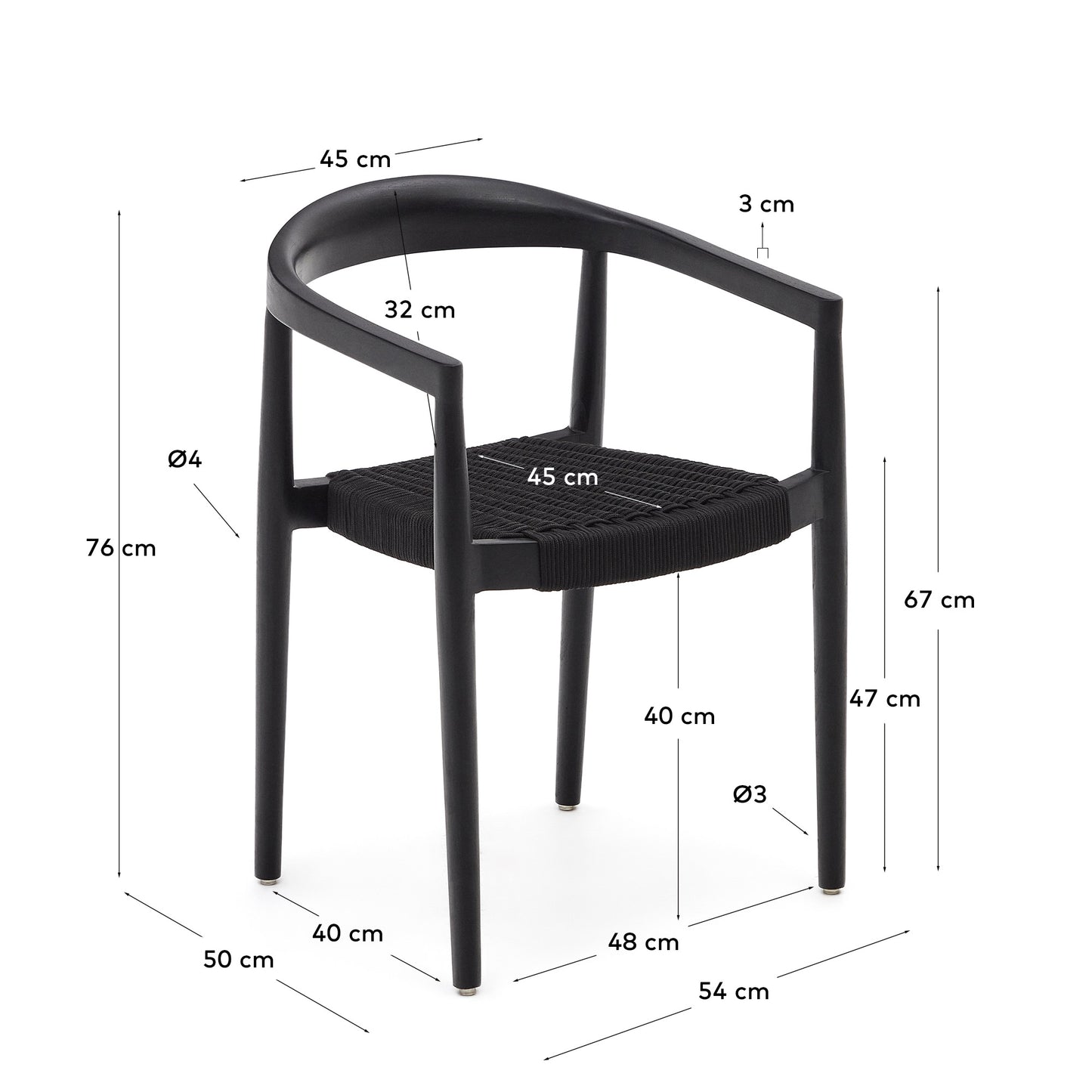 Silla apilable exterior Ydalia de madera maciza de teca con acabado negro y cuerda negro