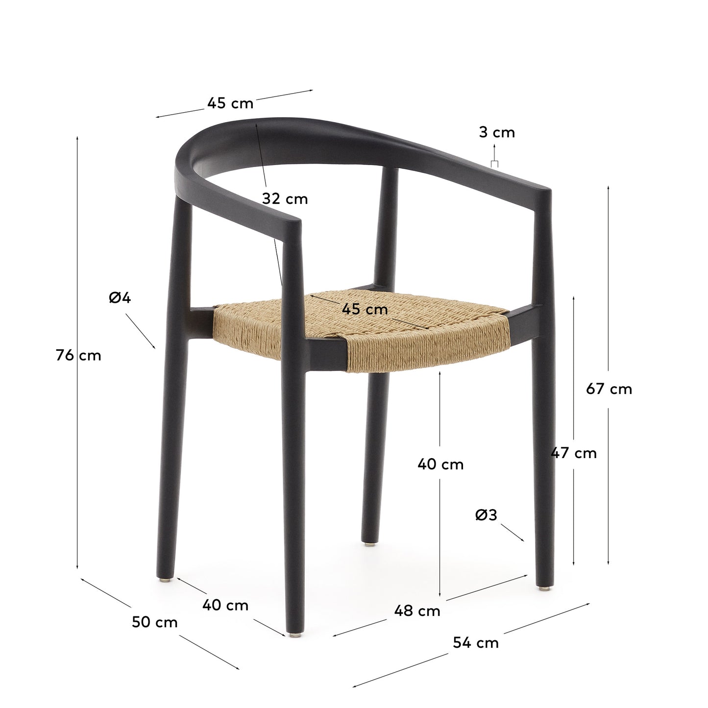 Silla apilable exterior Ydalia de madera maciza de teca negro y cuerda de ratán sintético