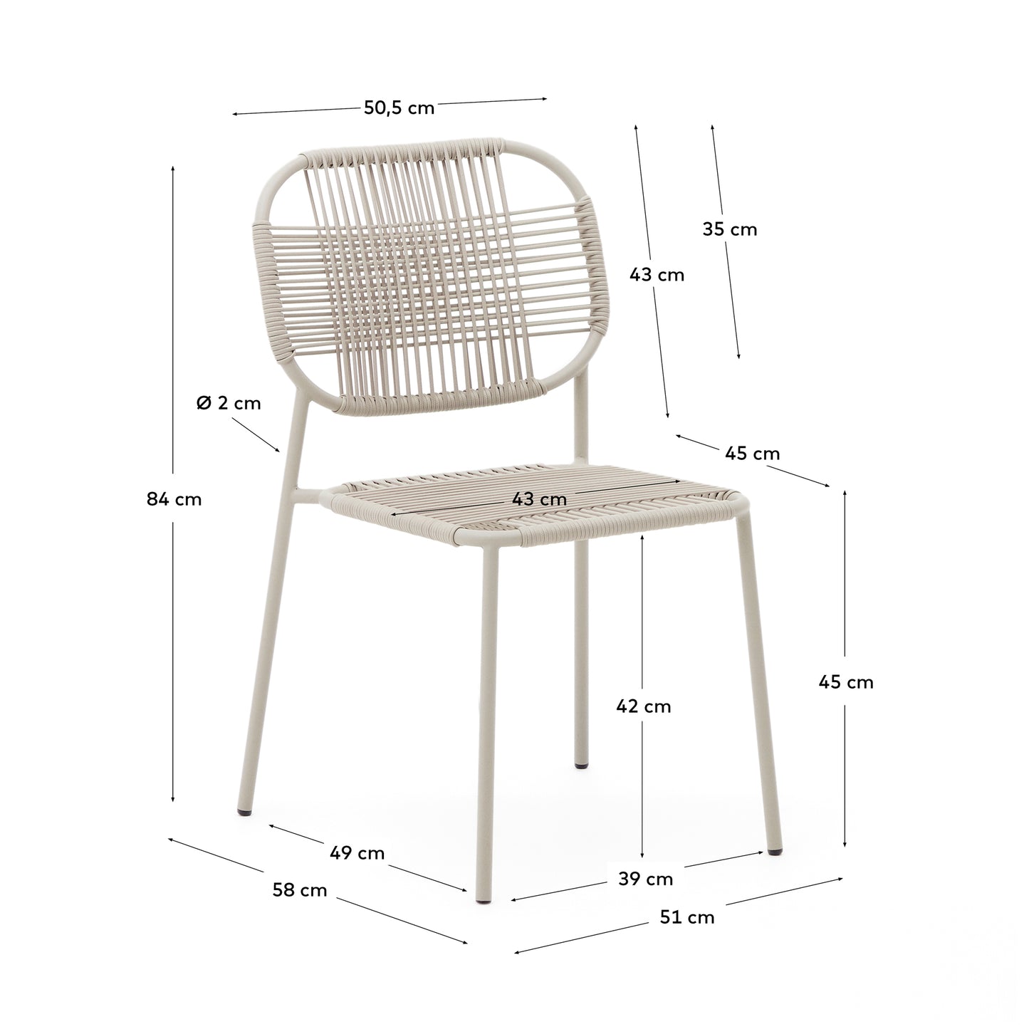 Silla de exterior apilable Talaier de cuerda sintética y acero galvanizado acabado beige