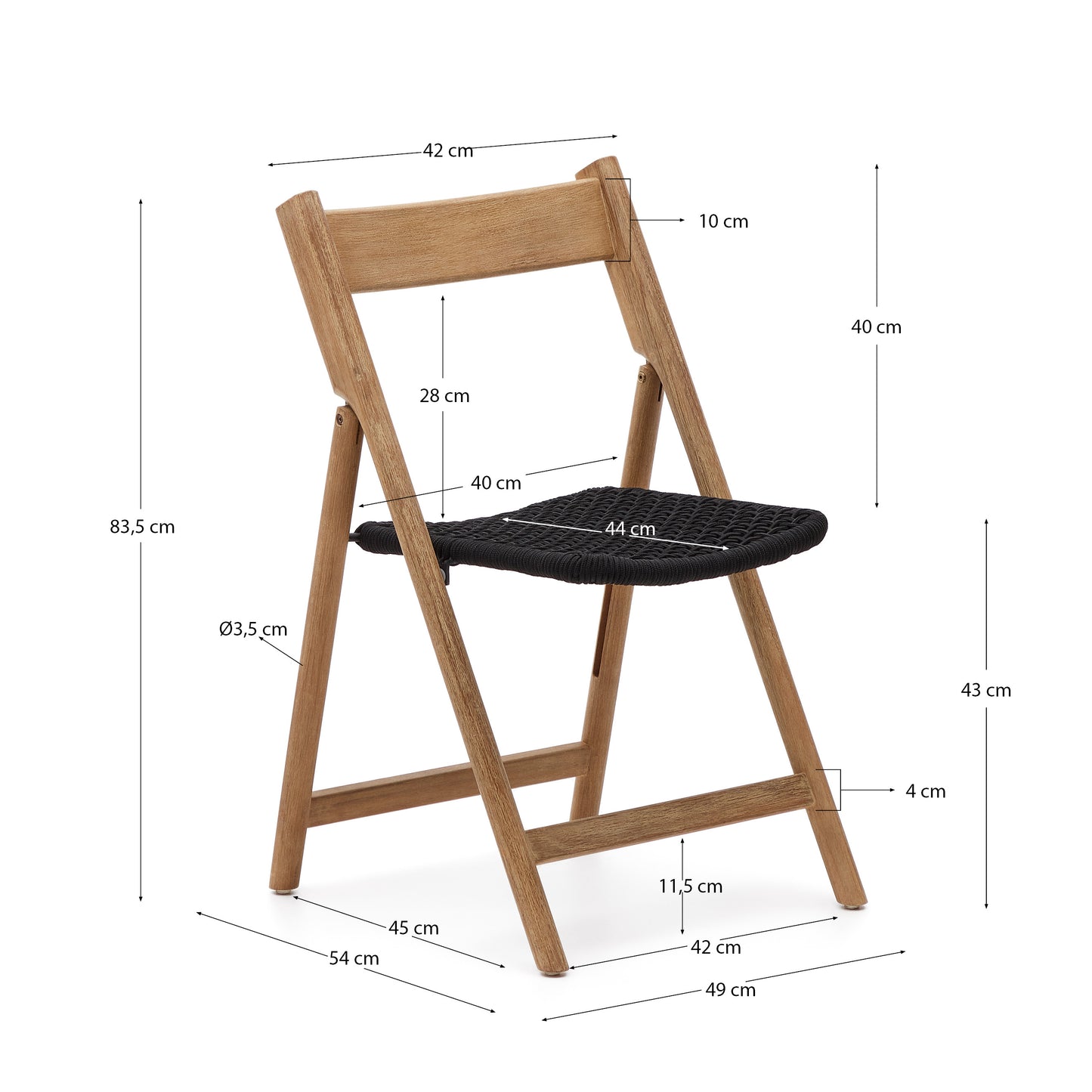 Silla plegable Dandara madera maciza acacia y estructura acero con cuerda negro FSC 100%