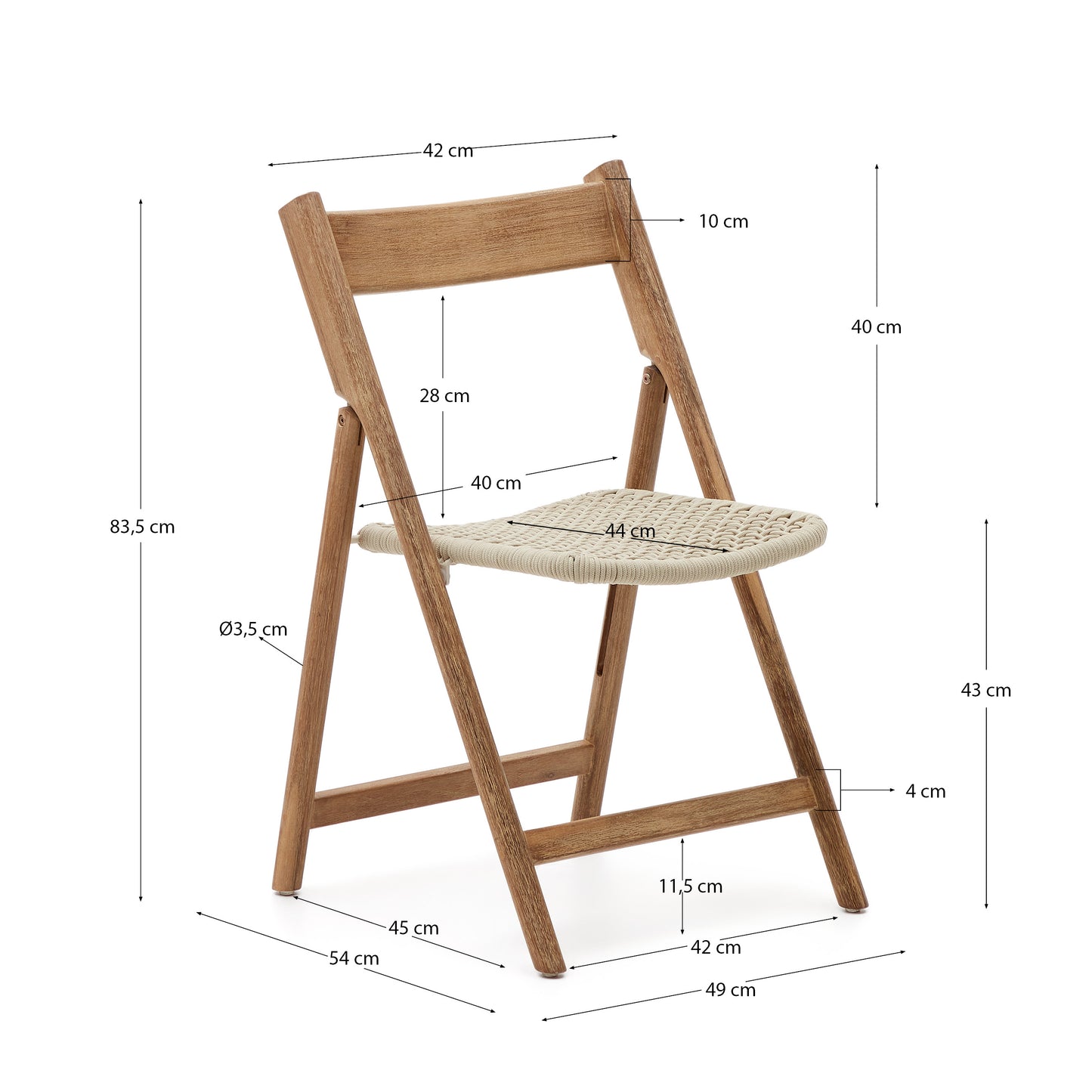 Silla plegable Dandara de madera maciza de acacia y estructura acero cuerda blanco FSC100%