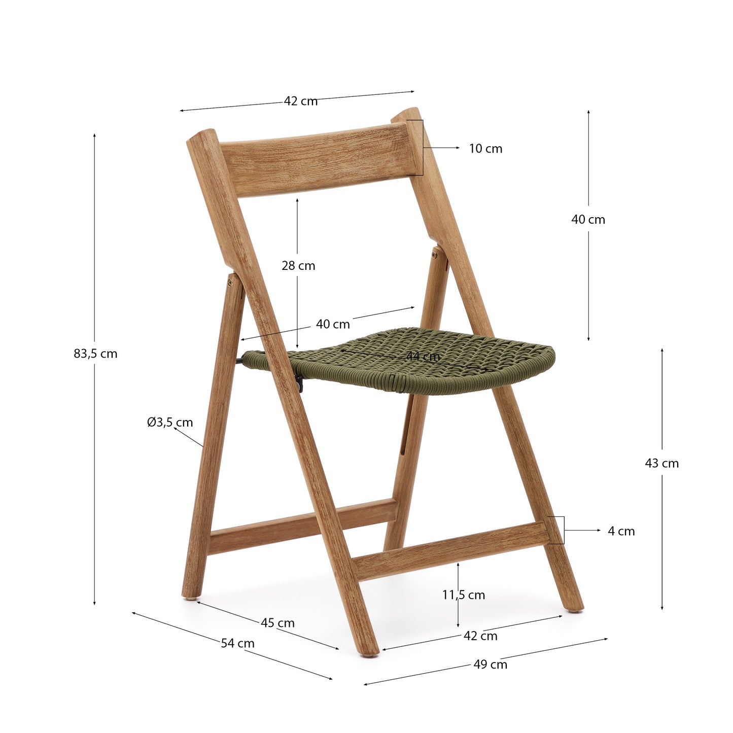 Silla plegable Dandara madera maciza acacia y estructura acero con cuerda verde FSC 100%