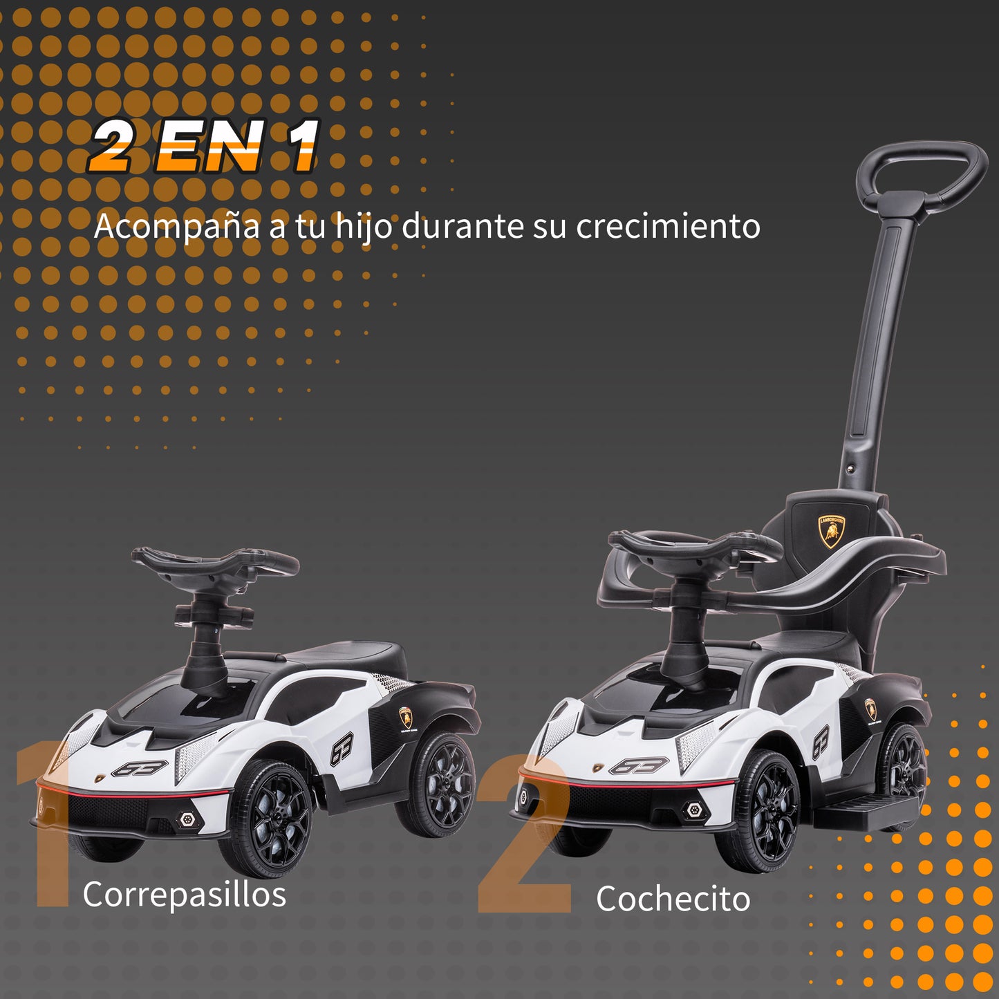 AIYAPLAY 2 en 1 Coche Correpasillos para Niños 12-36 Meses Lamborghini Essenza SCV12 Andador Empujador con Bocina Mango de Empuje y Barandilla Extraíbles 86,5x40x89,5 cm Blanco y Negro