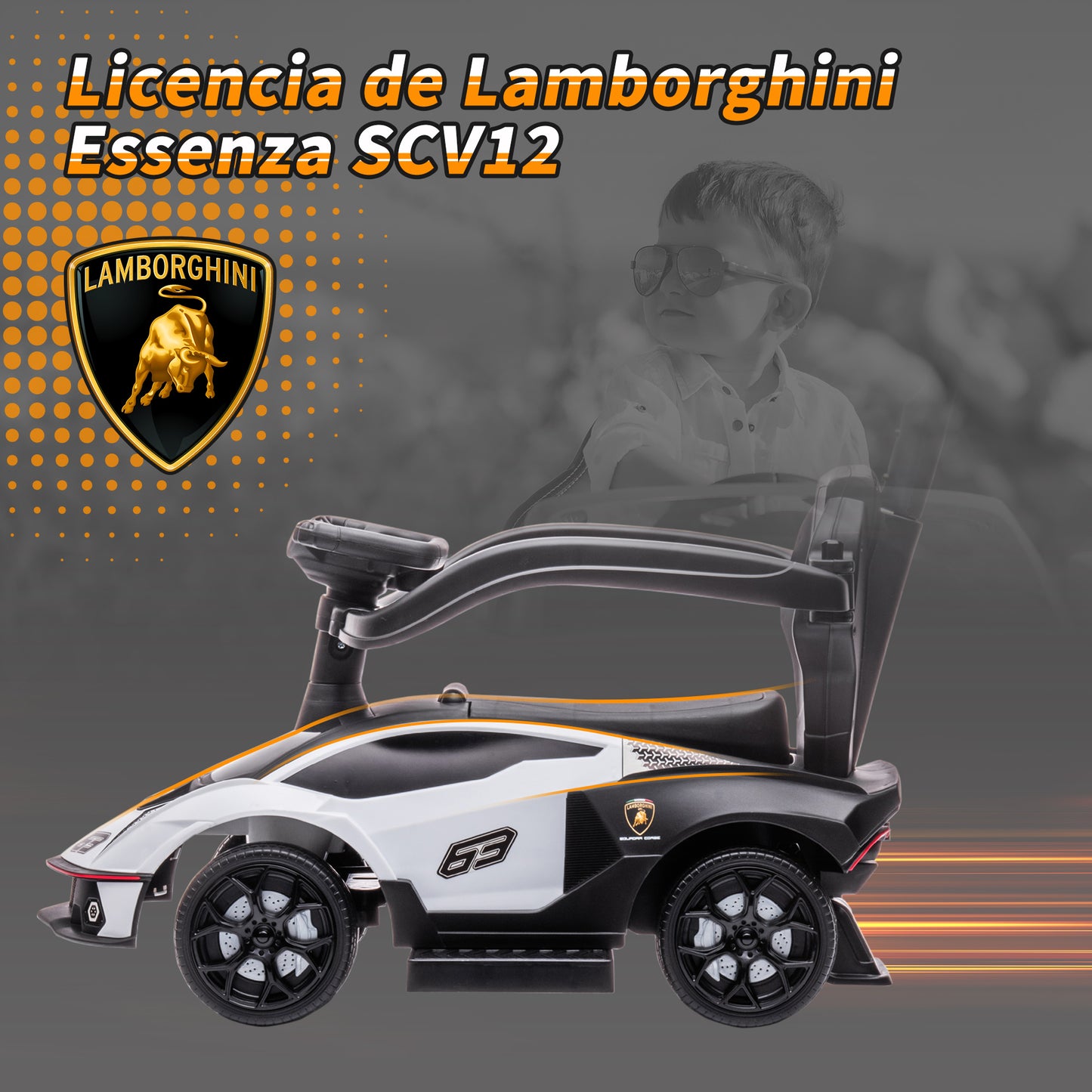 AIYAPLAY 2 en 1 Coche Correpasillos para Niños 12-36 Meses Lamborghini Essenza SCV12 Andador Empujador con Bocina Mango de Empuje y Barandilla Extraíbles 86,5x40x89,5 cm Blanco y Negro