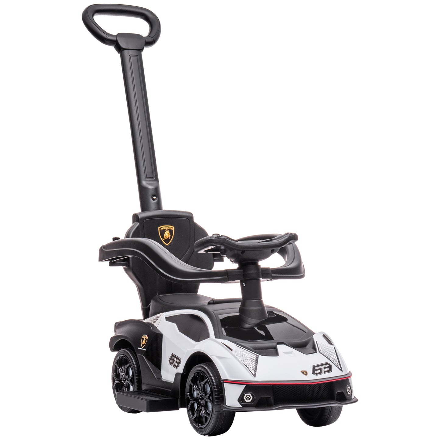 AIYAPLAY 2 en 1 Coche Correpasillos para Niños 12-36 Meses Lamborghini Essenza SCV12 Andador Empujador con Bocina Mango de Empuje y Barandilla Extraíbles 86,5x40x89,5 cm Blanco y Negro