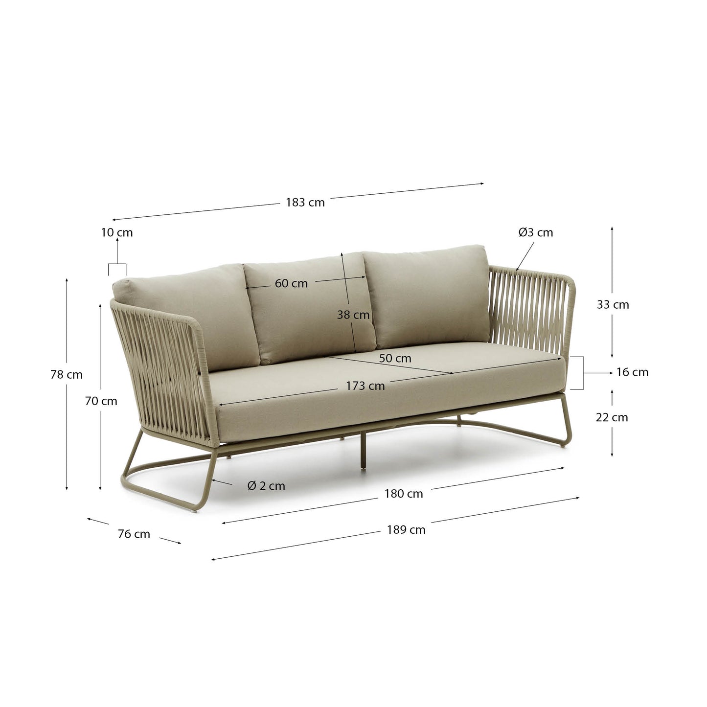 Sofá 3 plazas de exterior Saconca de cuerda y acero galvanizado verde 189 cm