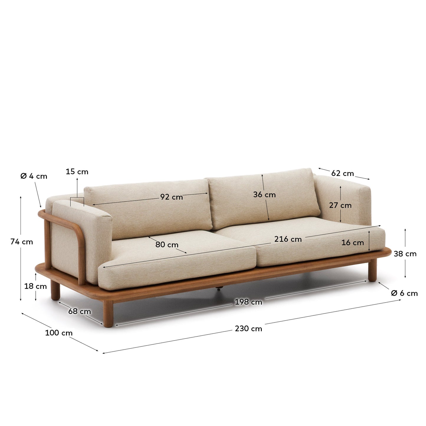 Sofá Turqueta de 3 plazas de madera maciza de teca 230 cm FSC 100%