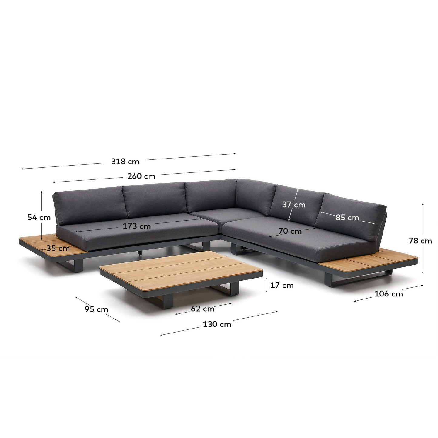 Set Tosqueta sofá rinconero 5 plazas y mesa de aluminio y madera maciza de teca FSC 100%