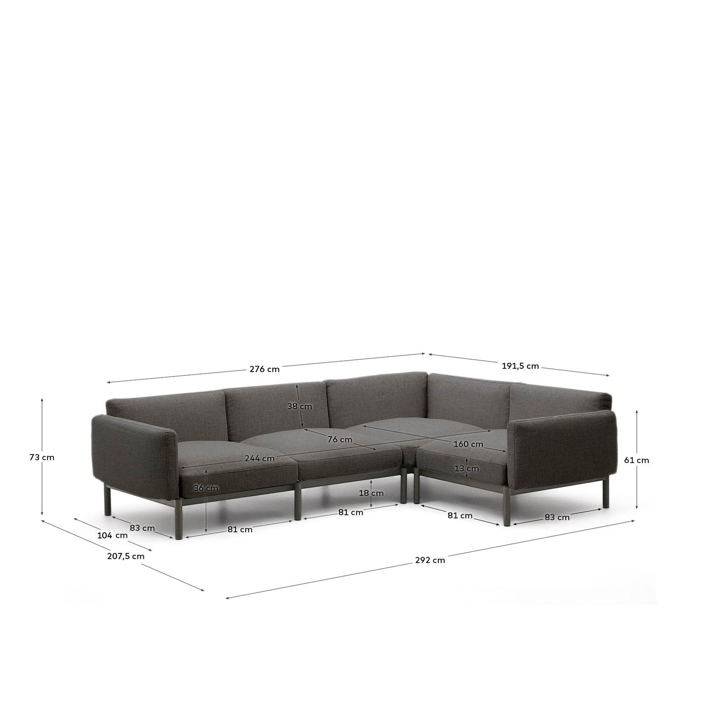 Sofá modular rinconero 5 plazas exterior Sorells tapizado gris y aluminio gris 276x191,5cm