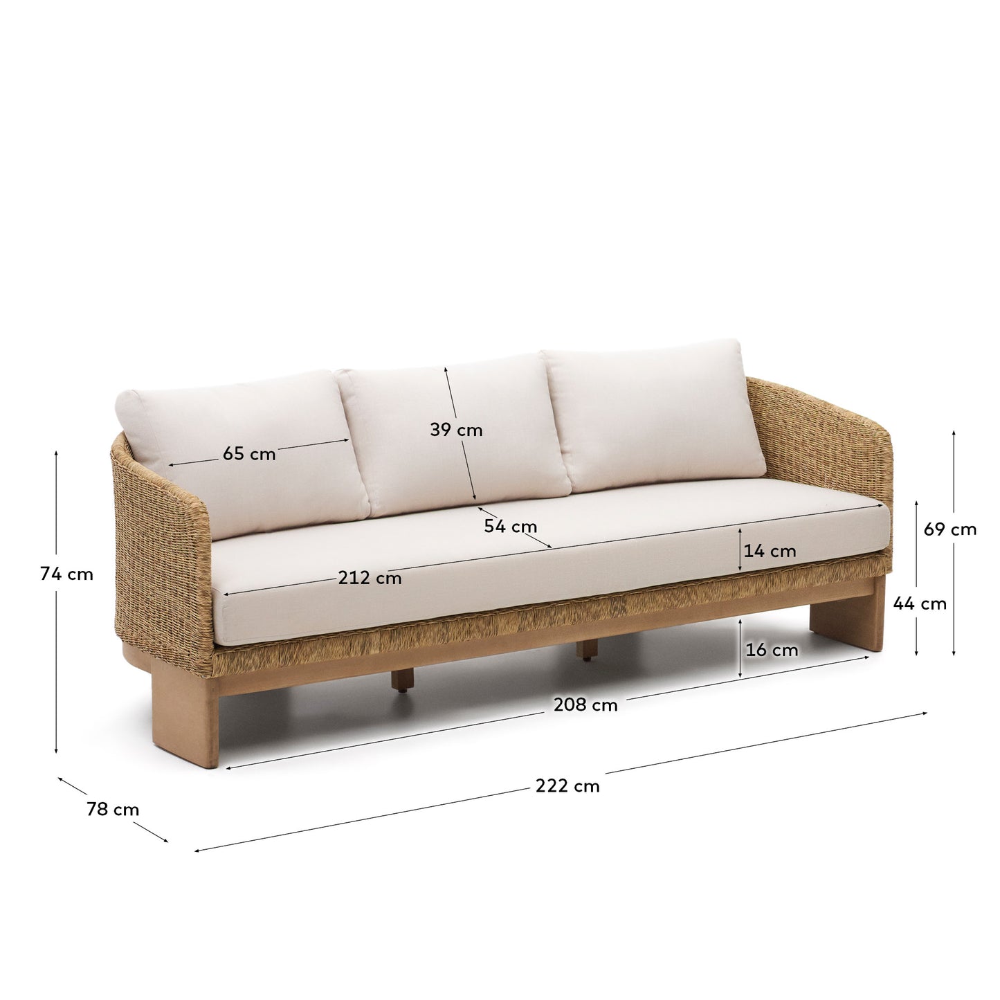 Sofá Xoriguer de 3 plazas de ratán sintético y madera maciza de eucalipto FSC 100% 223 cm