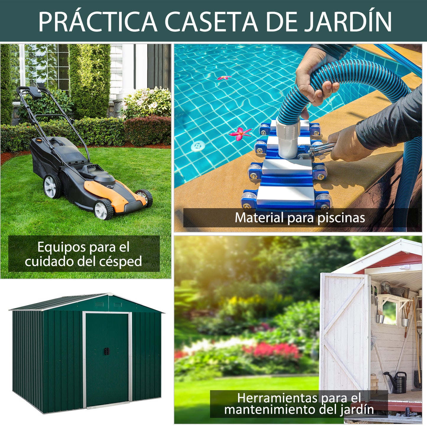 Outsunny Caseta de Jardín de 3,6 m² 236x174x190 cm Cobertizo Exterior de Metálico para Almacenar Herramientas con Puertas Correderas y 4 Ventanas para Terraza Patio Verde