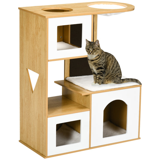 PawHut Árbol Rascador para Gatos Altura 92,5 cm Torre para Gatos con 3 Casetas de Madera Cojines Lavables Tabla de Rascador y Hamaca 76x37x92,5 cm Roble