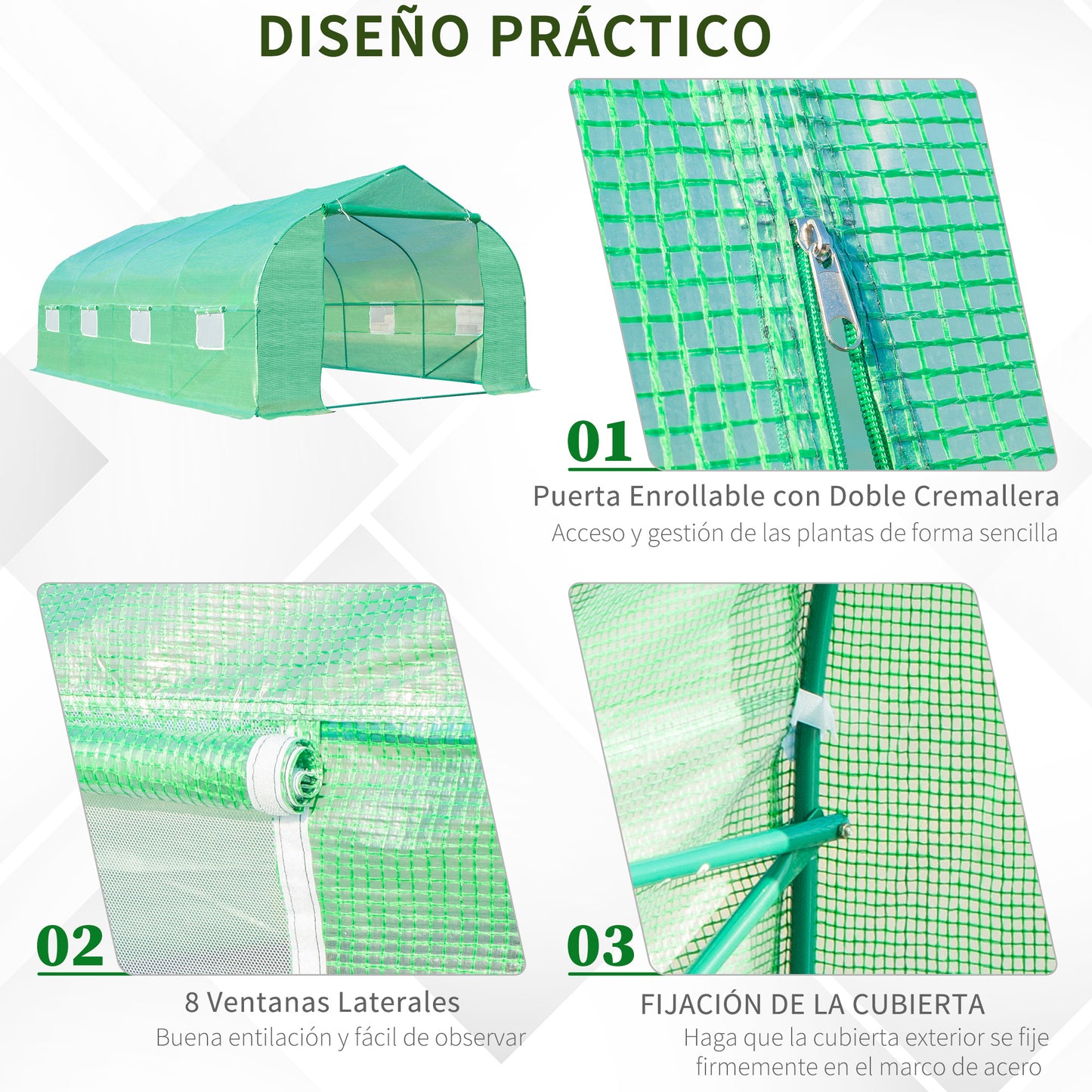 Outsunny Invernadero de Jardín 6x3x2 m Tipo Túnel para Cultivo Plantas Verduras con 8 Ventanas Transpirables y Puerta Enrollable con Cremallera Acero Verde