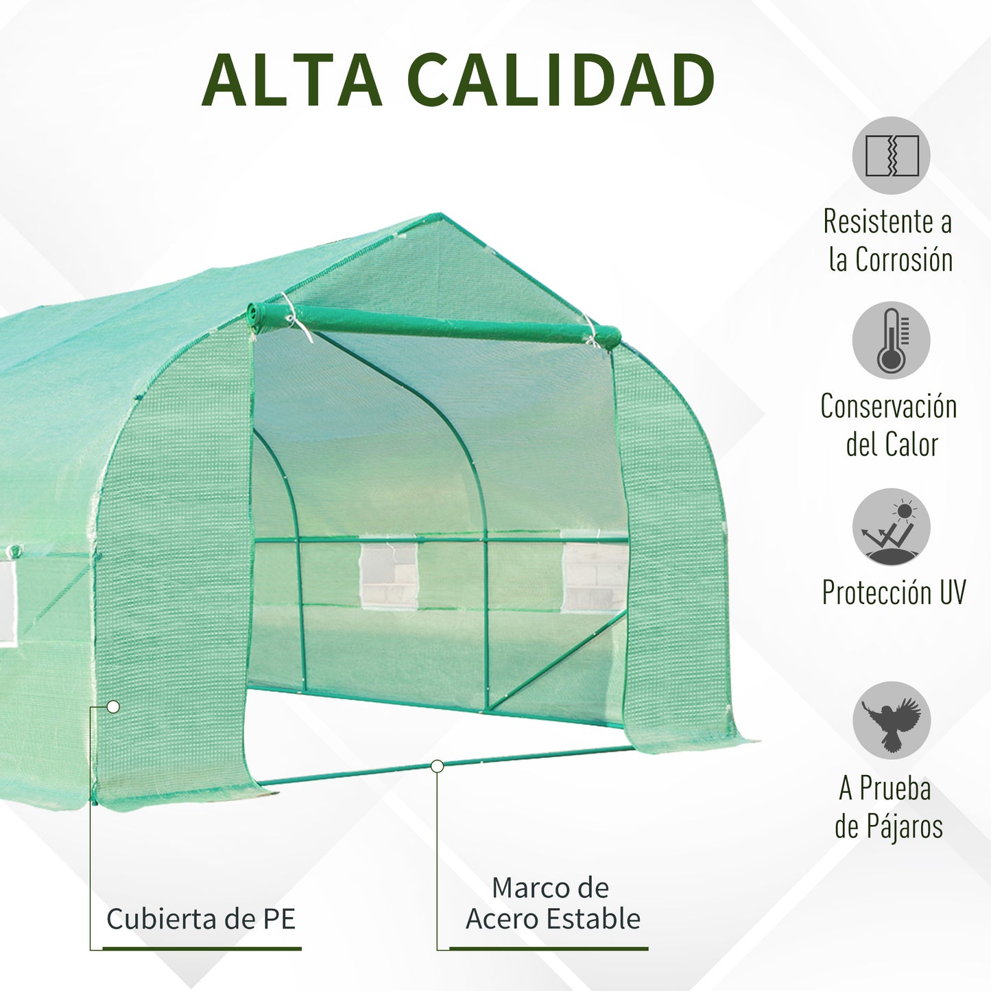 Outsunny Invernadero de Jardín 6x3x2 m Tipo Túnel para Cultivo Plantas Verduras con 8 Ventanas Transpirables y Puerta Enrollable con Cremallera Acero Verde