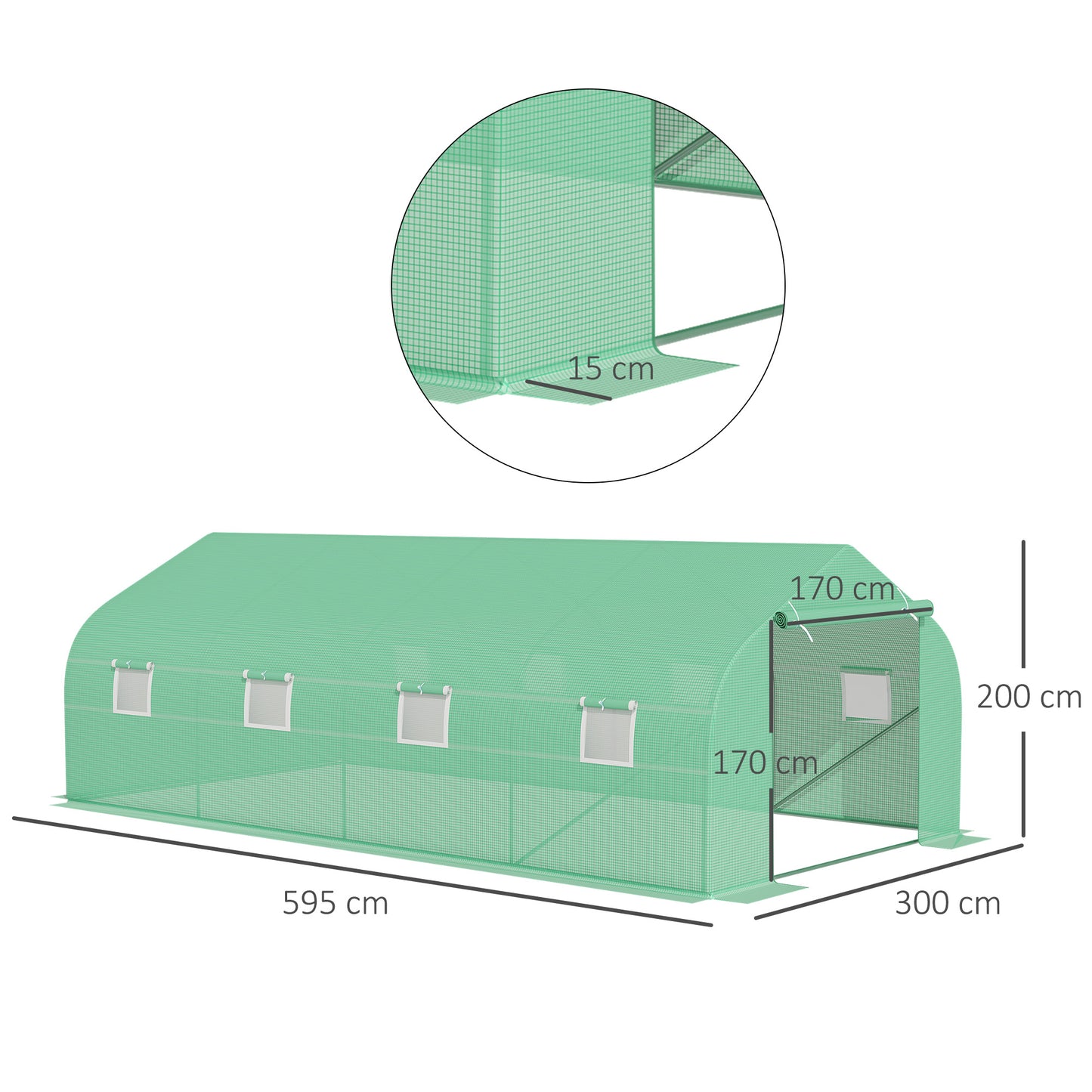 Outsunny Invernadero de Jardín 600x300x200 cm Tipo Túnel para Cultivo Plantas Verduras con 8 Ventanas Transpirables y Puerta Enrollable con Cremallera Acero Verde