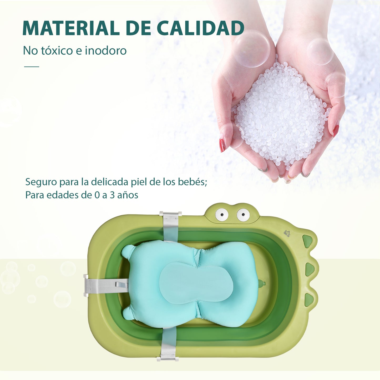 HOMCOM Bañera Plegable para Bebé Recién Nacido hasta 3 Años 50 Litros con Cojín Cómodo y Patas Plegables Carga 50 kg 80x53,9x20,8 cm Verde