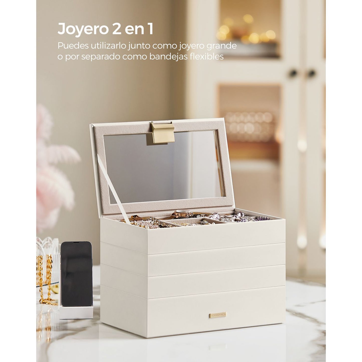 Caja Joyero con 4 Bandejas Apilables Blanco-SONGMICS