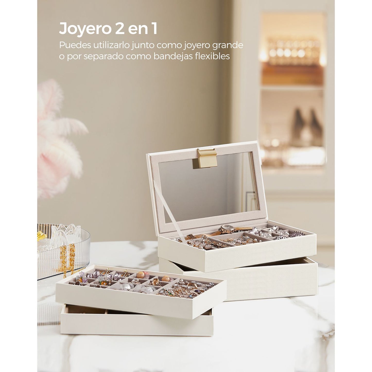 Caja Joyero con 4 Bandejas Apilables Blanco-SONGMICS