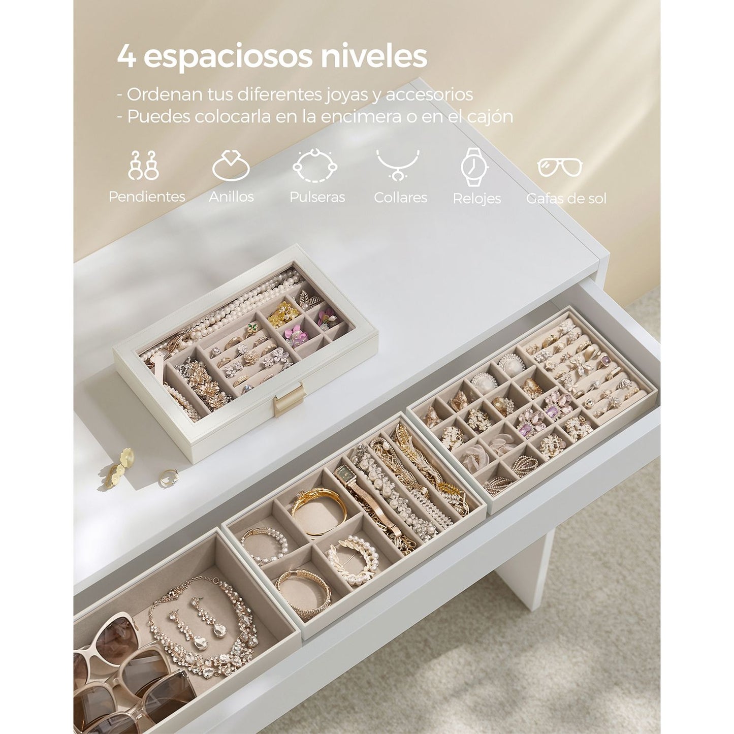 Caja Joyero con 4 Bandejas Apilables Blanco-SONGMICS