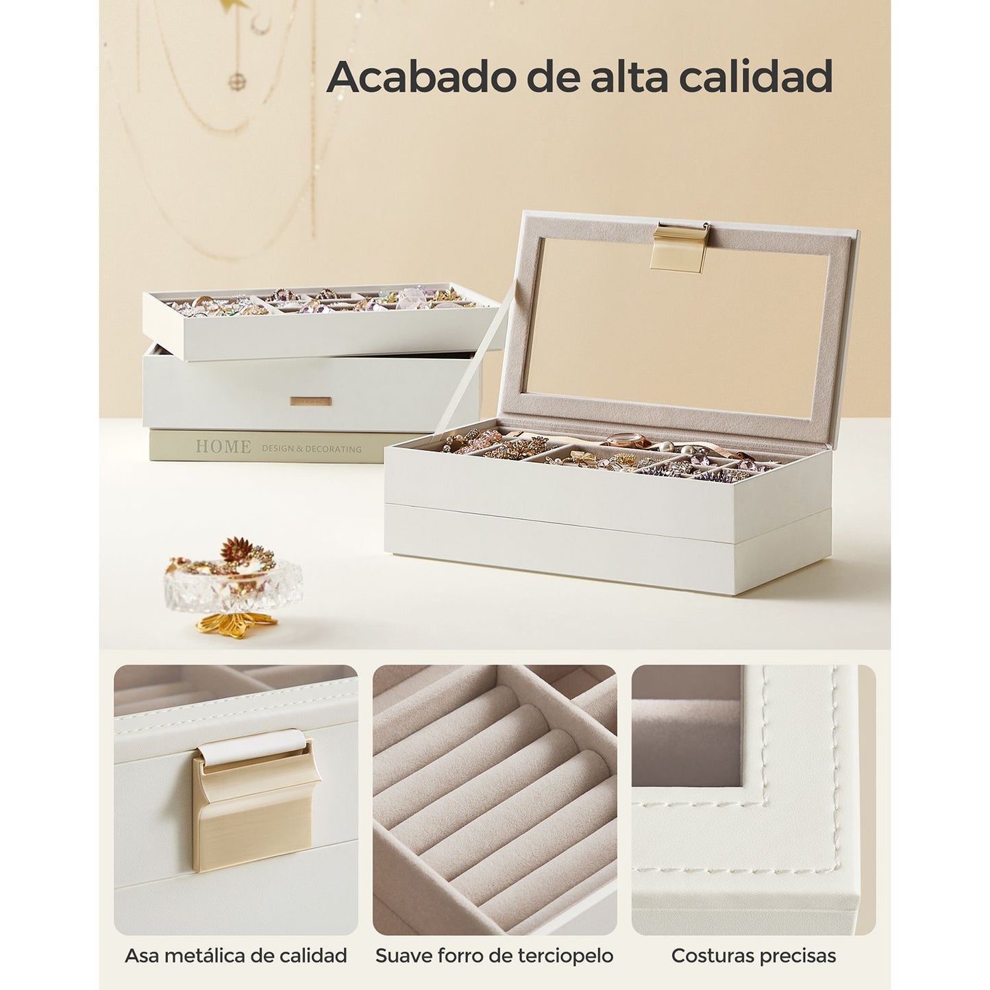 Caja Joyero con 4 Bandejas Apilables Blanco-SONGMICS