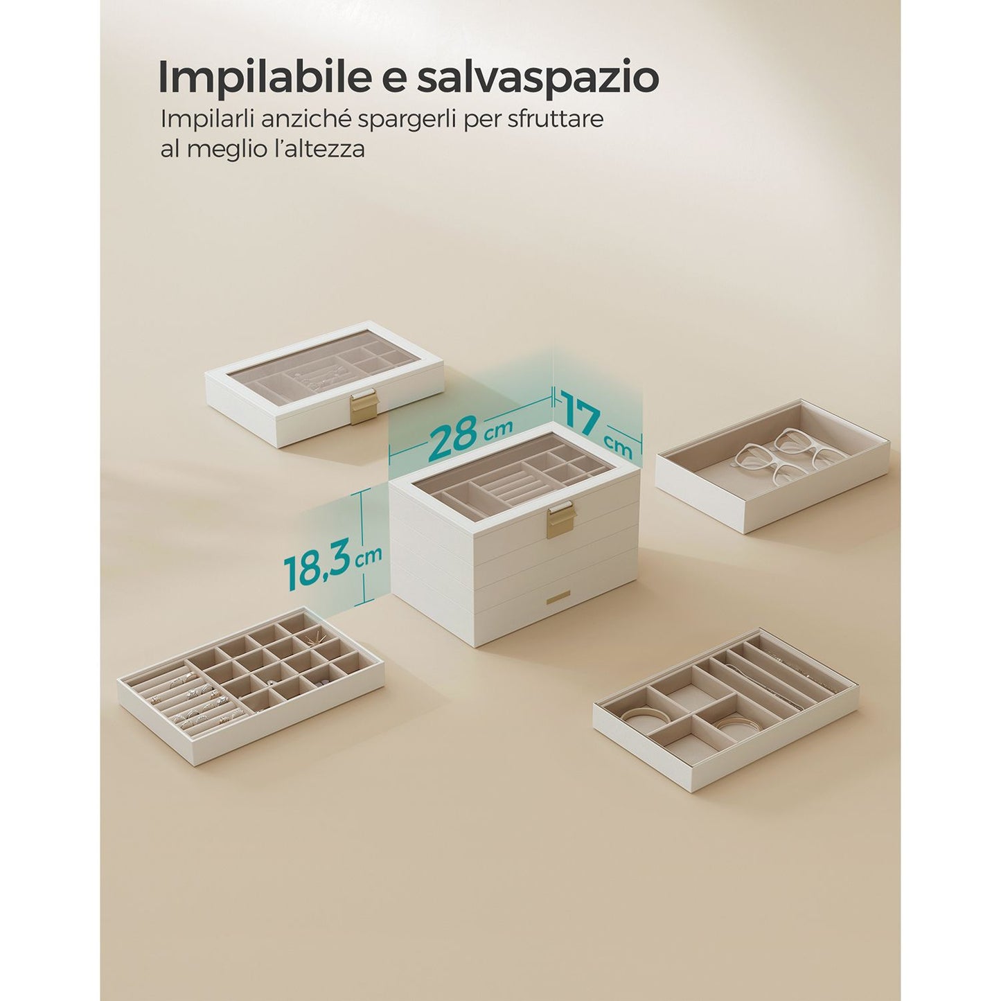 Caja Joyero con 4 Bandejas Apilables Blanco-SONGMICS