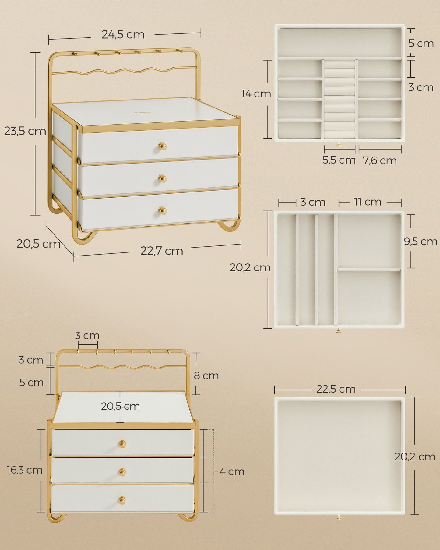 Joyero de 3 Niveles 20,5 x 22,7 x 23,5 cm Blanco Nube-SONGMICS