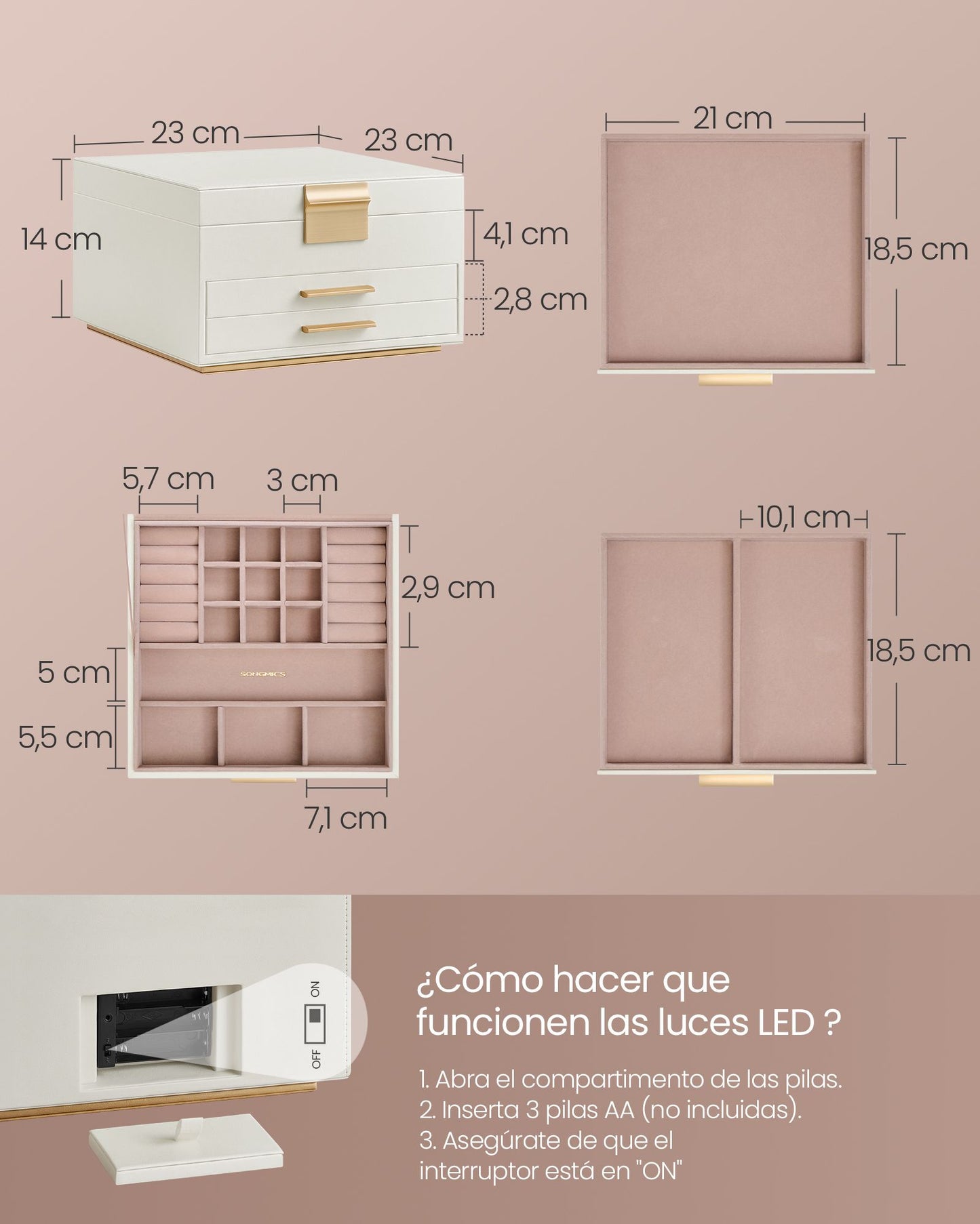 Joyero con Espejo y Luces LED 23 x 23 x 14 cm Blanco Crema y Dorado-SONGMICS