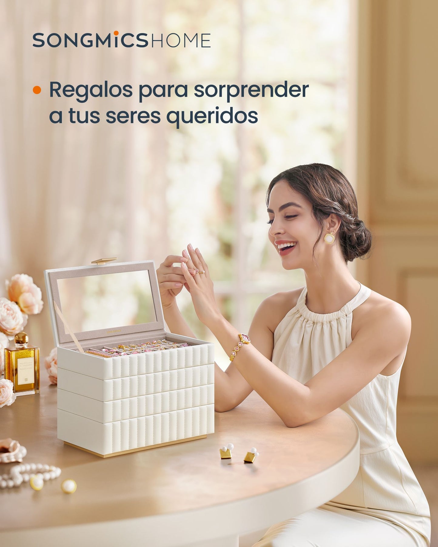 ANAH Colección - Caja Joyero Apilable con Espejo Blanco Nube-SONGMICS HOME