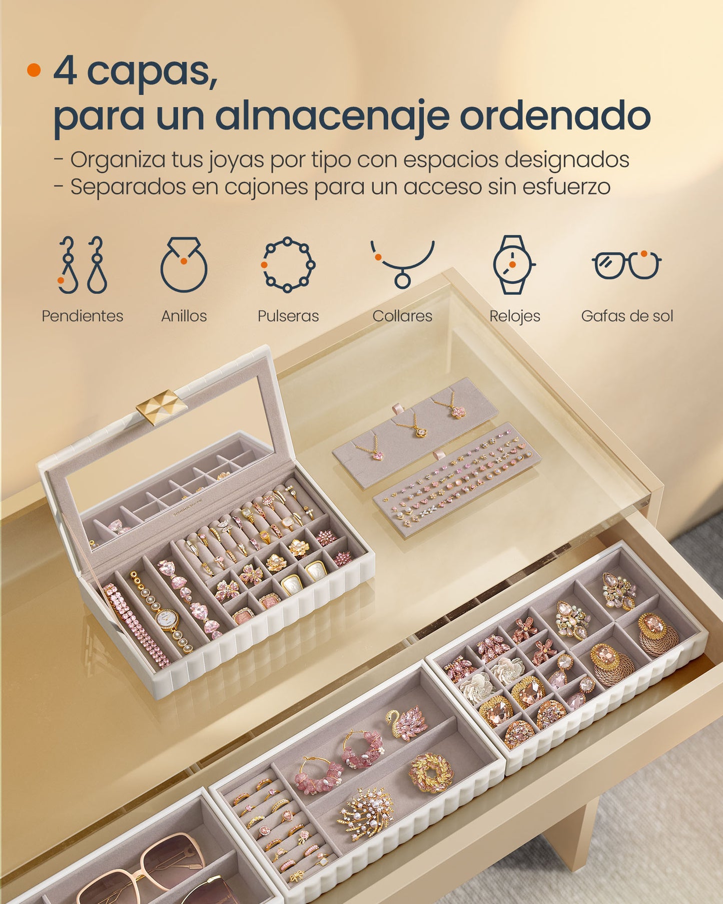 ANAH Colección - Caja Joyero Apilable con Espejo Blanco Nube-SONGMICS HOME