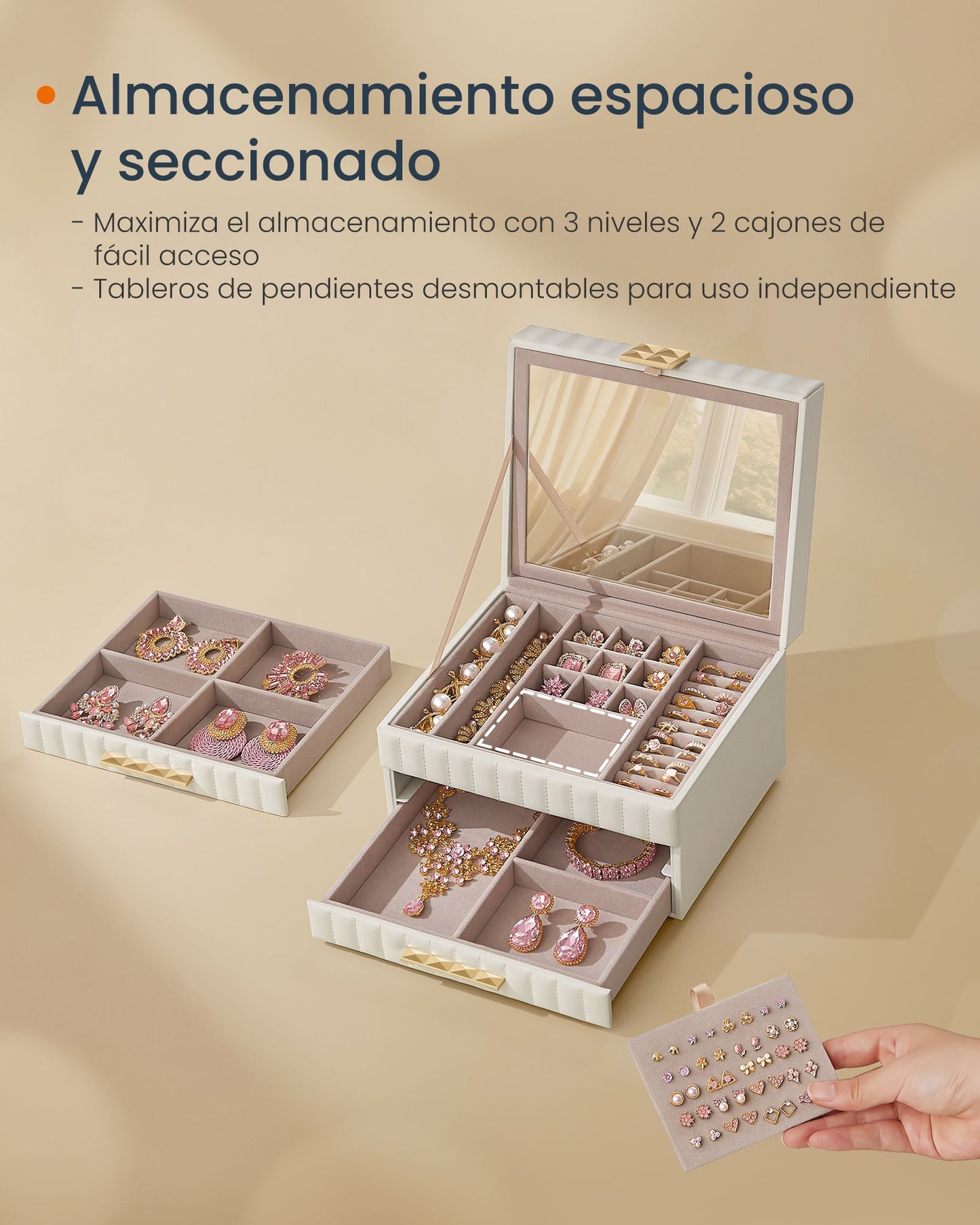 ANAH Colección - Caja Joyero de 3 Capas con Espejo Blanco Nube-SONGMICS HOME