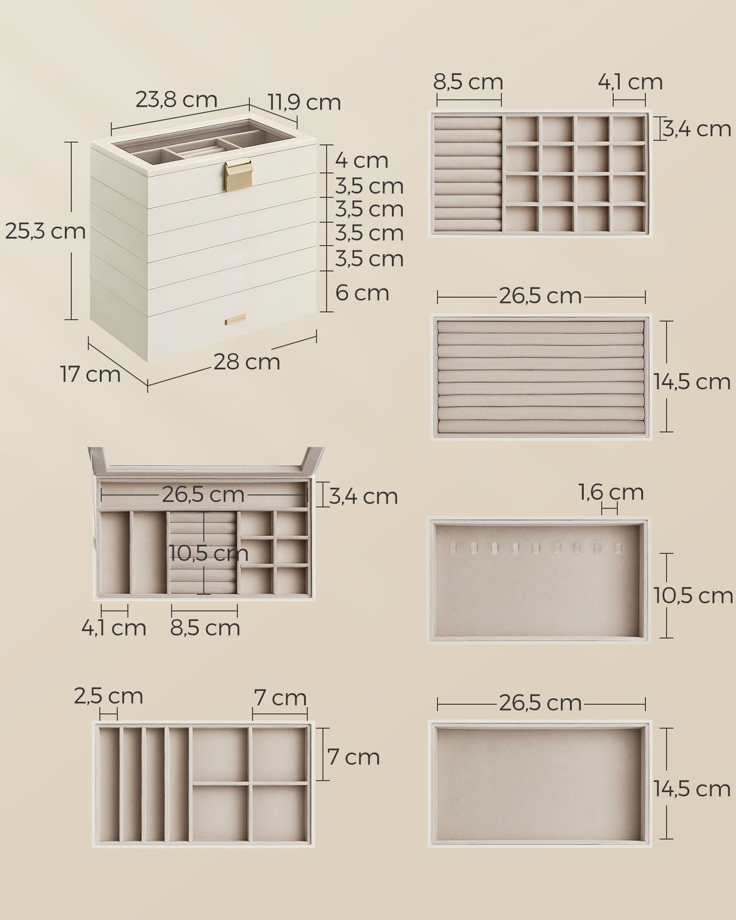 Caja Joyero Apilable de 6 Capas 17 x 28 x 25,3 cm Blanco Nube-SONGMICS