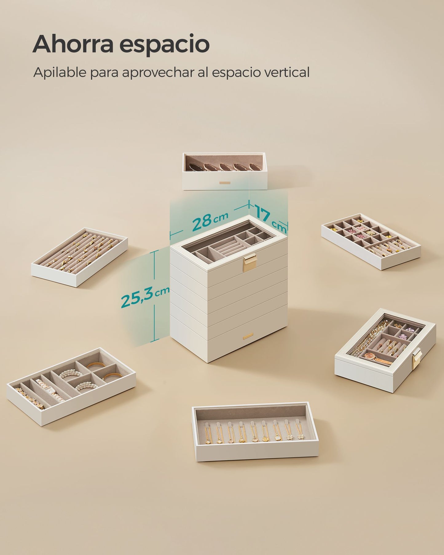 Caja Joyero Apilable de 6 Capas 17 x 28 x 25,3 cm Blanco Nube-SONGMICS