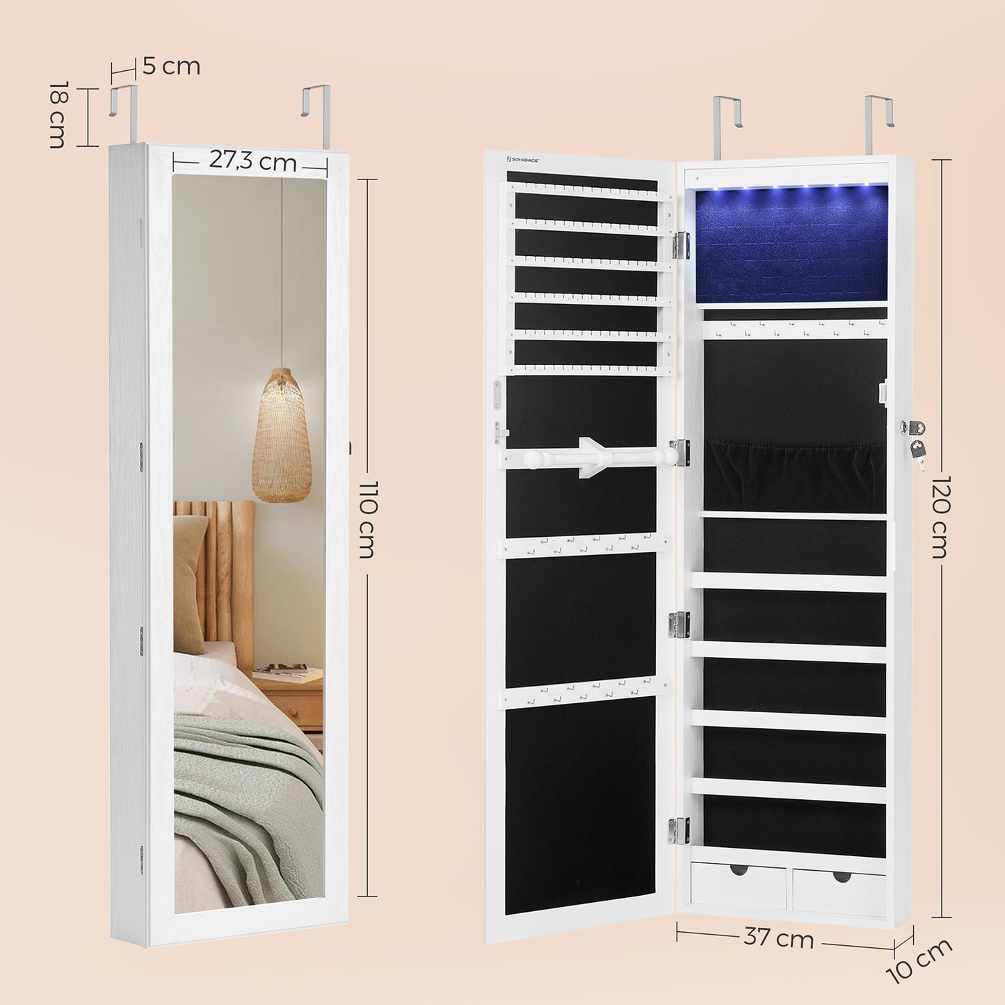 Armario para Joyas Espejo Joyero de Pared con Luces LED y Cierre Blanco-SONGMICS