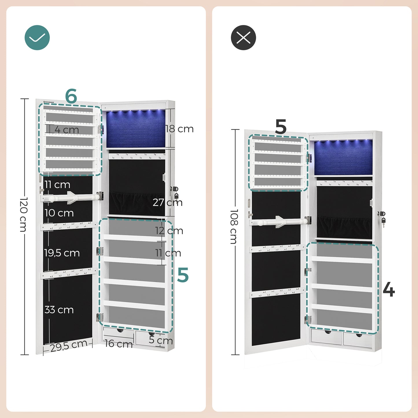 Armario para Joyas Espejo Joyero de Pared con Luces LED y Cierre Blanco-SONGMICS