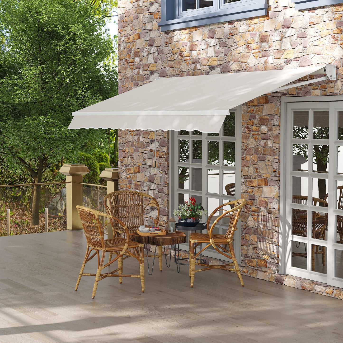 Outsunny Toldo Manual Retráctil 200x295 cm Toldo para Balcón con Manivela de Metal Impermeable y Anti-UV Toldo Enrollable de Exterior para Jardín Terraza Ventanas Crema