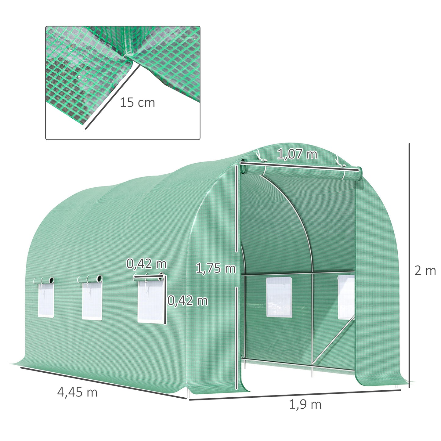 Outsunny Invernadero de Túnel 445x190x200 cm Invernadero de Jardín con 6 Ventanas 1 Puerta y Cubierta de Polietileno PE 140 g/m² para Cultivar Plantas Verduras Frutas en Terraza Patio Verde