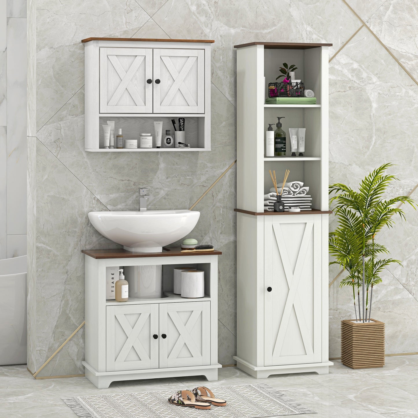 kleankin Conjunto de Baño Incluye 1 Mueble para Debajo del Lavabo 1 Armario Alto de Baño y 1 Armario de Pared para Baño Estilo Clásico Blanco