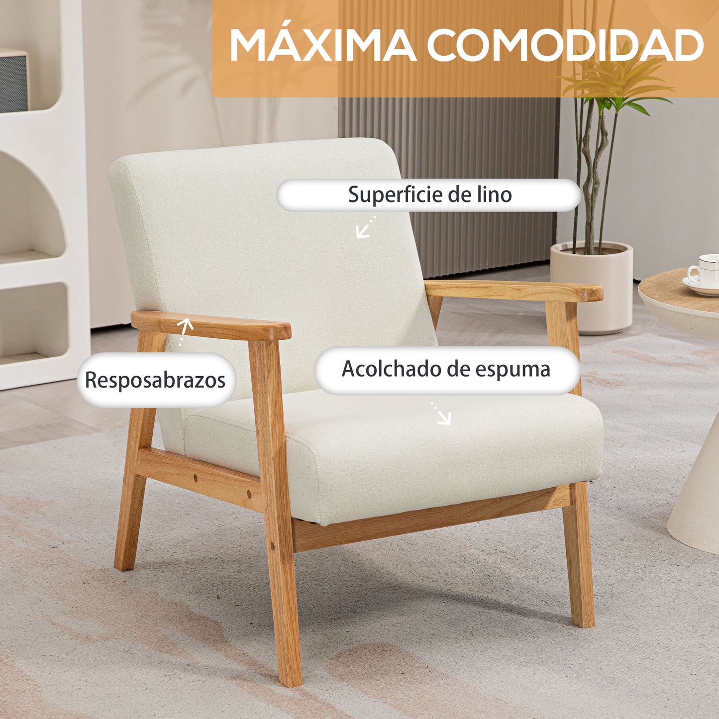 HOMCOM Butaca de Dormitorio Moderna Butaca de Salón Tapizado en Lino Sintético con Reposabrazos y Marco de Madera para Sala de Estar Crema y Natural