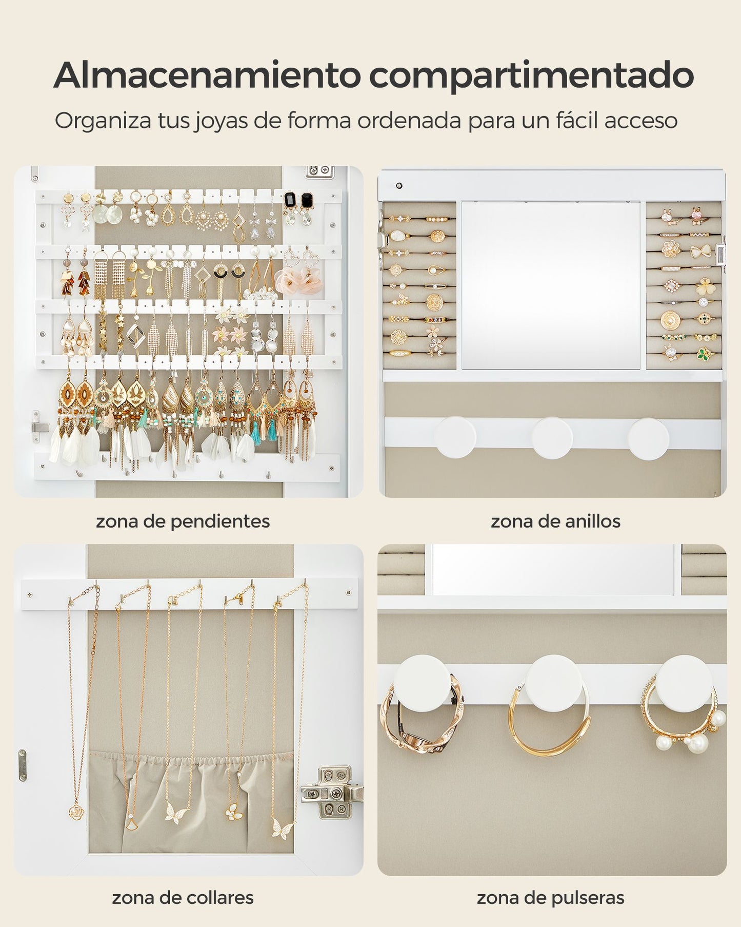 Armario para Joyas Espejo Joyero Superficie Blanca y Forro Gris Beige-SONGMICS