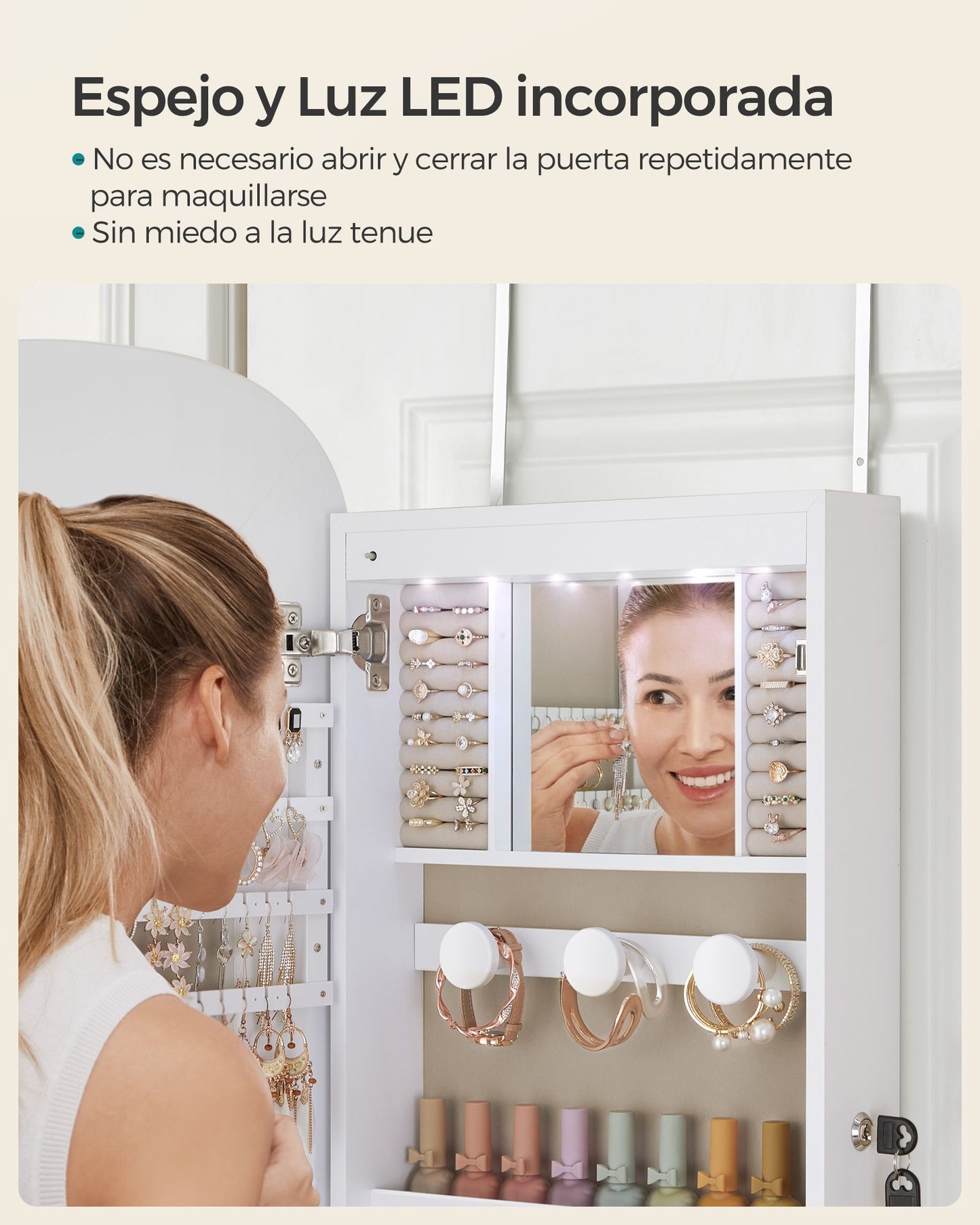 Armario para Joyas Espejo Joyero Superficie Blanca y Forro Gris Beige-SONGMICS