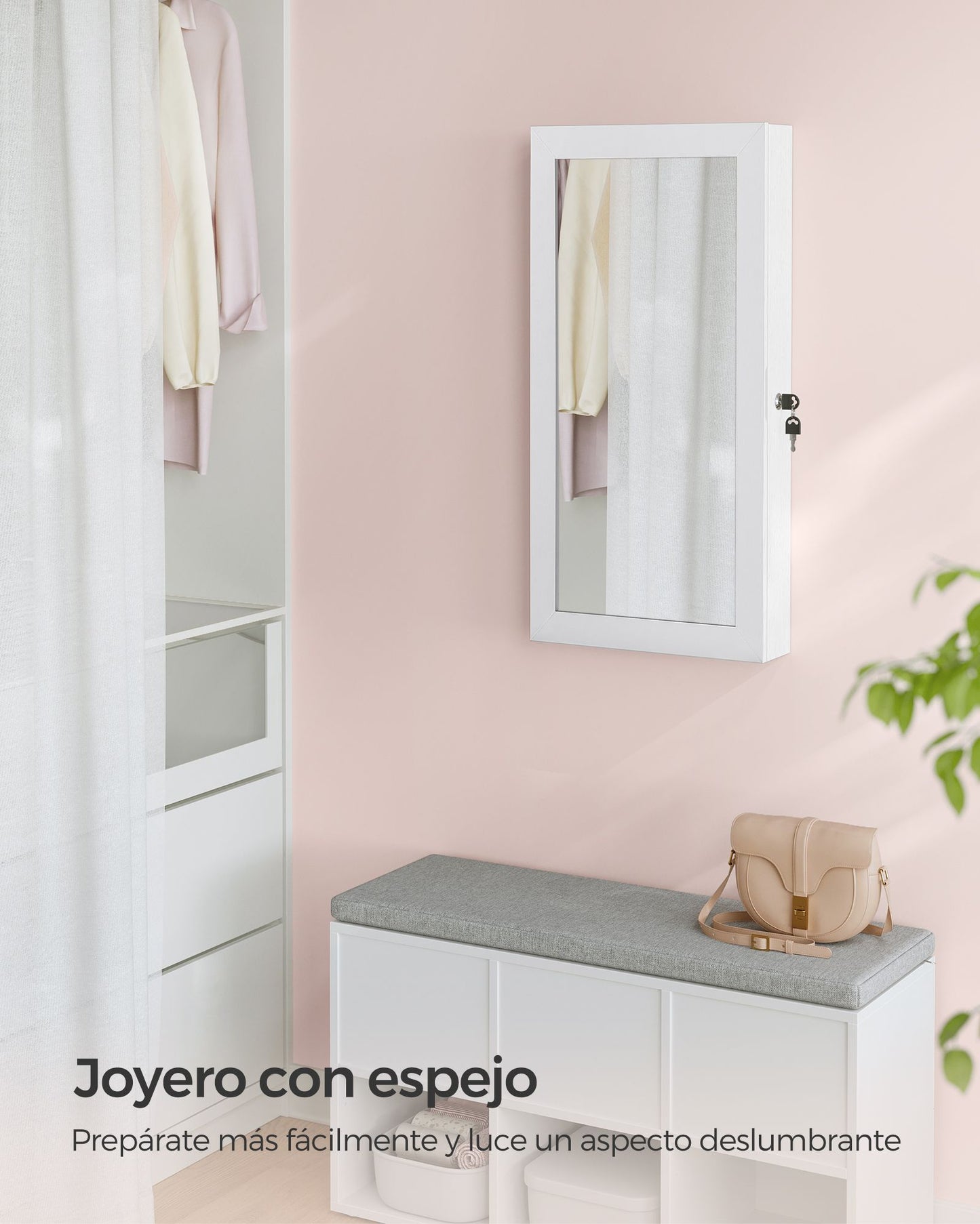 Armario Joyero de Pared Superficie Blanca y Forro Greige-SONGMICS