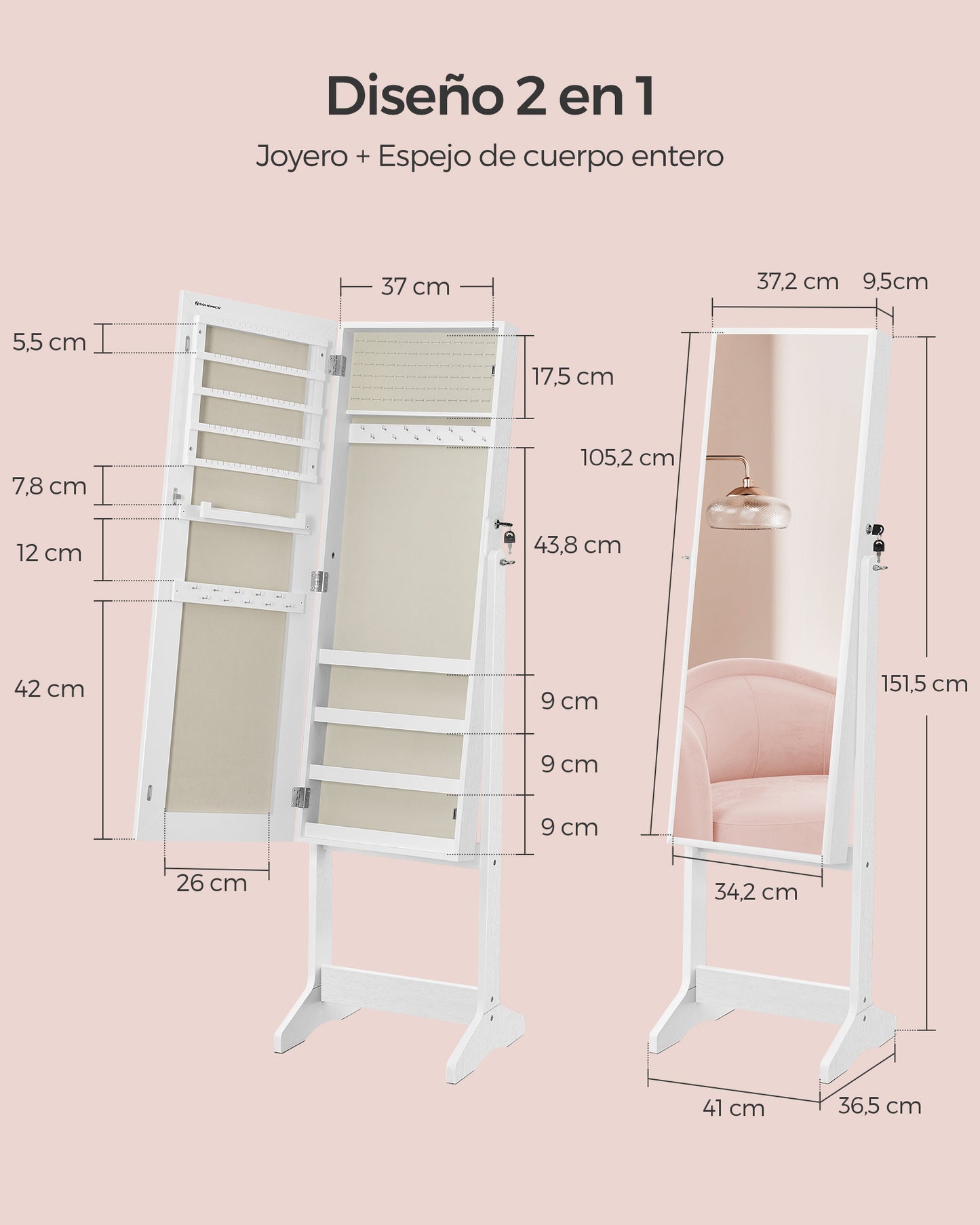 Espejo Joyero Superficie Blanca y Forro Beige-SONGMICS