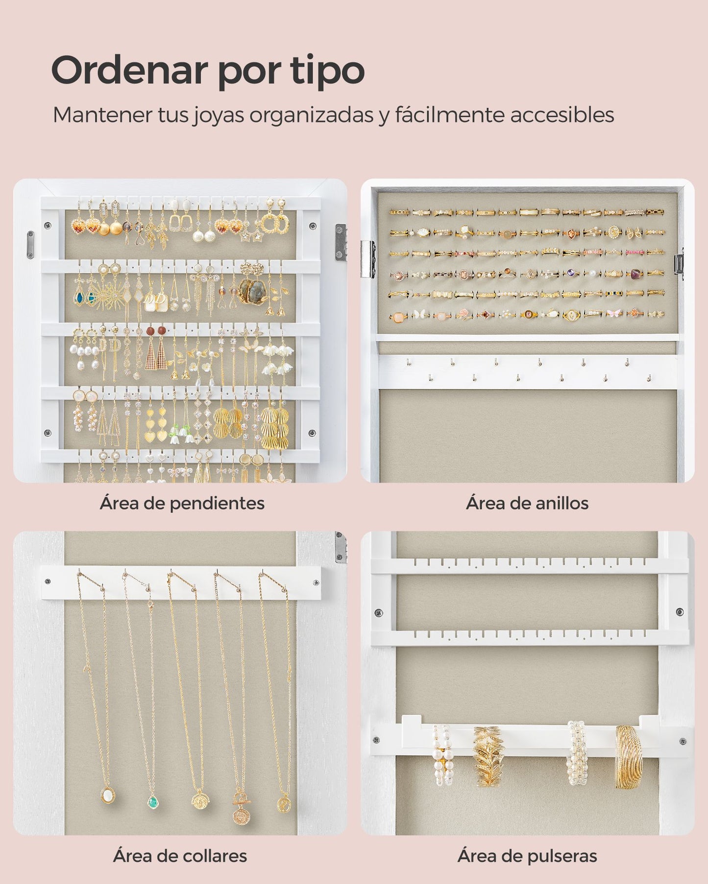 Espejo Joyero Superficie Blanca y Forro Beige-SONGMICS