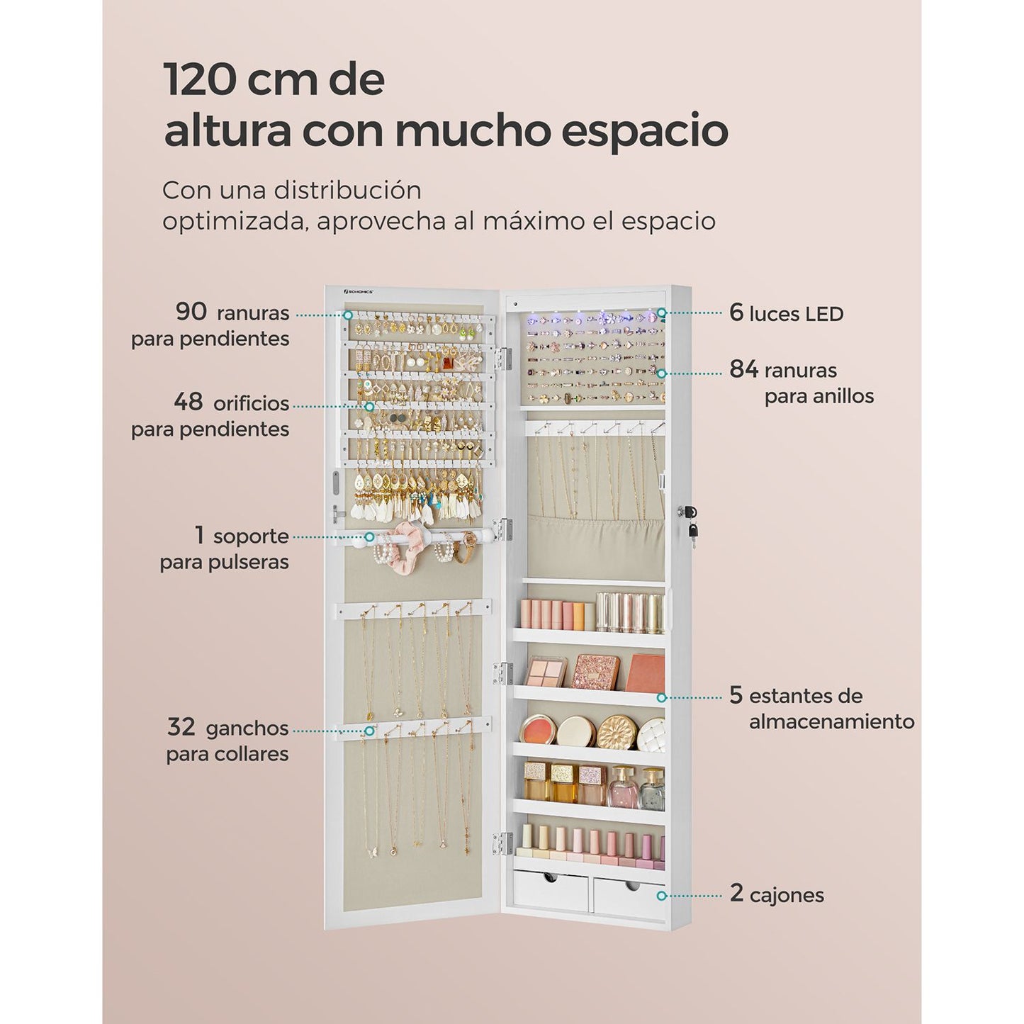 Armario para Joyas Espejo Joyero de Pared Organizador de para Pendiente Espejo-SONGMICS