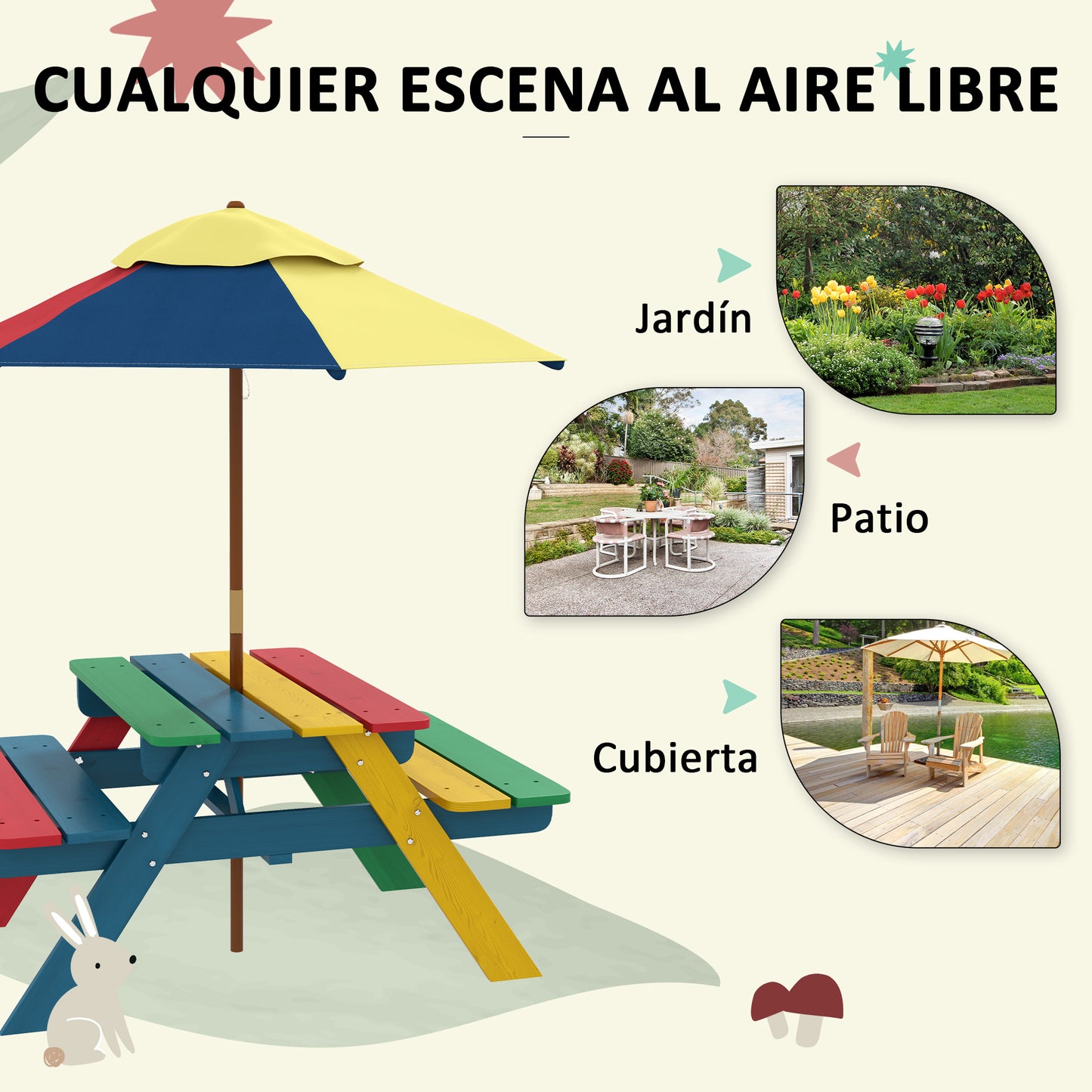 Outsunny Mesa de Picnic para Niños de Madera Mesa y 2 Bancos Infantiles con Sombrilla Extraíble para Jardín Patio 85,5x75x142,5 cm Multicolor