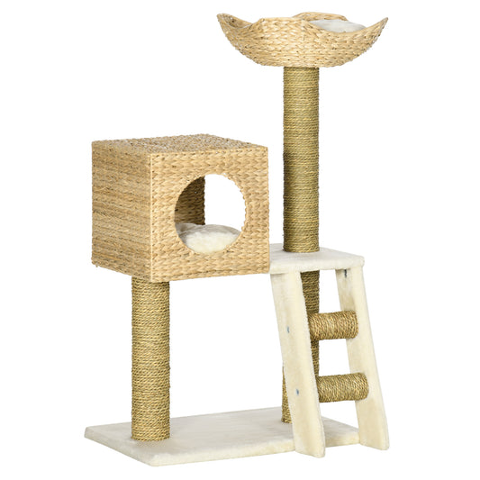 PawHut Árbol Rascador para Gatos Medianos Altura 100,5 cm Torre para Gatos con Cama Superior y Cueva de Totora 2 Cojines 2 Postes Escalera 57x37x100,5 cm Natural