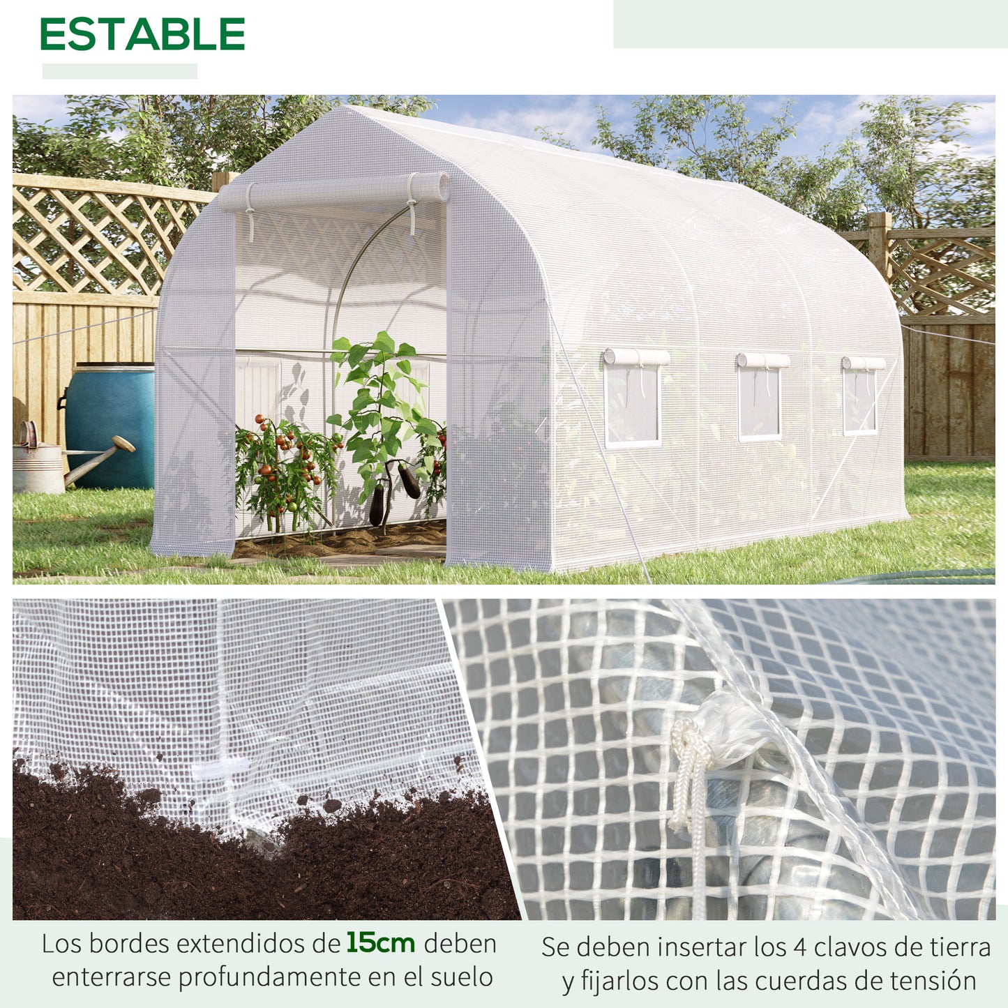 Outsunny Invernadero de Jardín 4x2x2 m Tipo Túnel con 6 Ventanas Transpirables y Puerta Enrollable con Cremallera Huerto para Cultivo Plantas Verduras Blanco