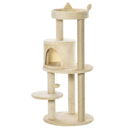 PawHut Árbol Rascador para Gatos de 104 cm Rascador para Gatos con Plataformas Refugio Postes de Sisal y Bola Colgante 48x48x104 cm Crema