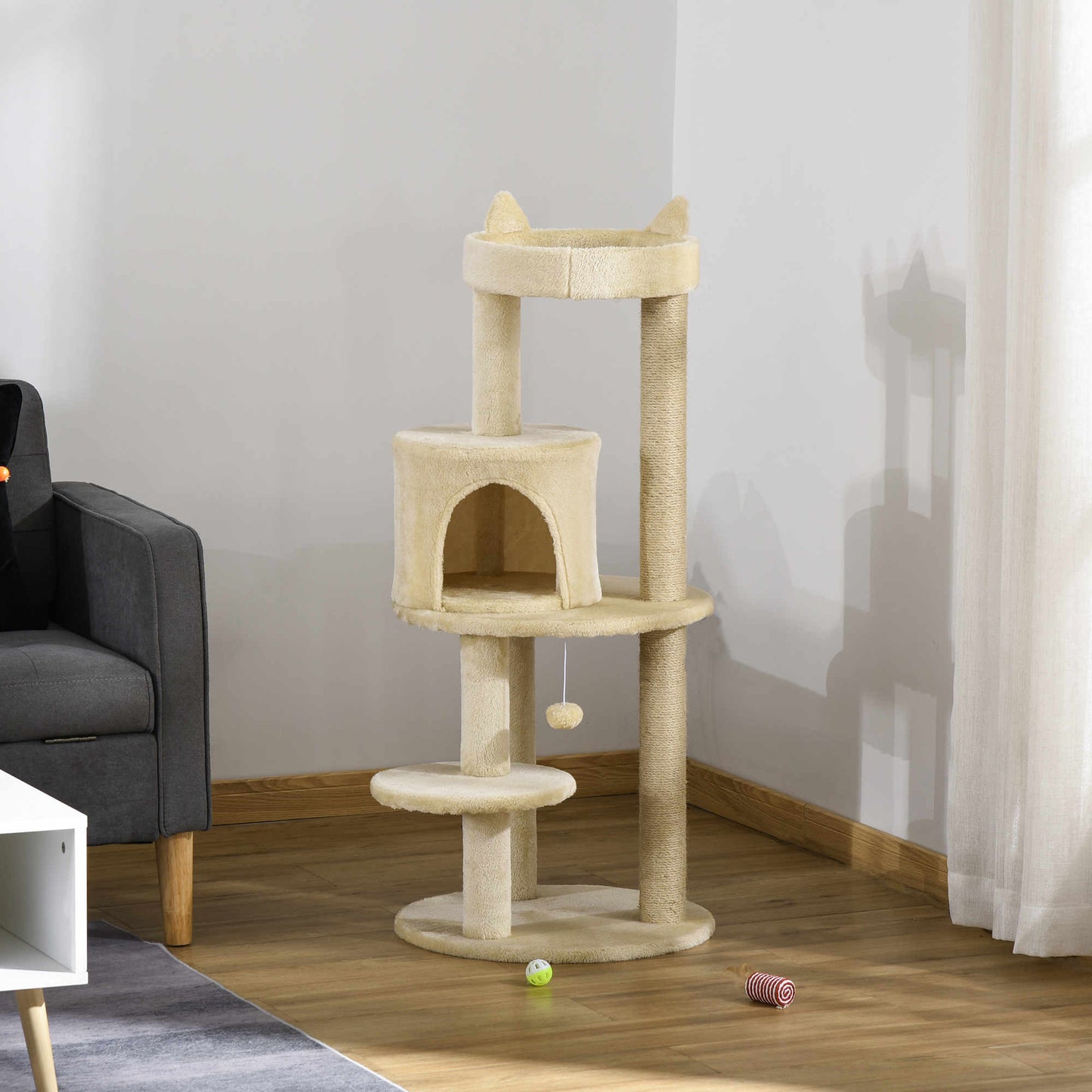 PawHut Árbol Rascador para Gatos de 104 cm Rascador para Gatos con Plataformas Refugio Postes de Sisal y Bola Colgante 48x48x104 cm Crema