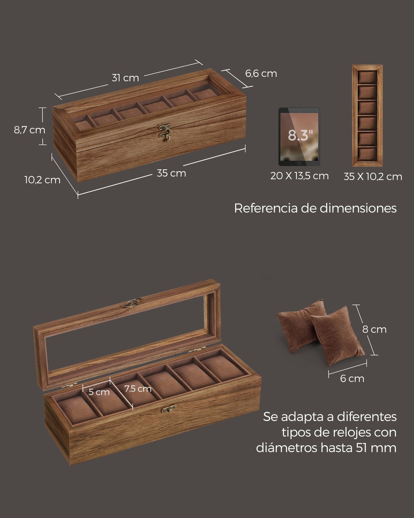 Caja para Relojes con 6 Compartimentos Nogal Rústico-SONGMICS